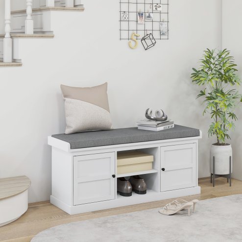 HOMCOM Shoe Bench with Seat, Shoe Storage Bench with Cushion, 2 Cabinets and Adjustable Shelf for Entryway, Hallway, Living Room, Bedroom, White