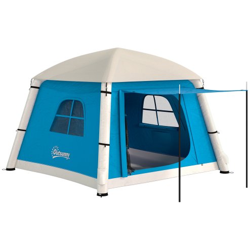 Outsunny Inflatable Camping Tent w/ Hand Pump, Easy Setup 1/2 Person Blow Up Tent Waterproof 190T Taffeta w/ Mesh Windows, Doors and Carry Bag, Light Blue