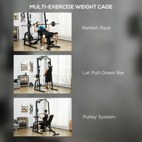 SPORTNOW Smith Machine & Cable Pulley System with Adjustable Weight Bench, Multifunction Home Gym Power Rack with Lat Pull Down System, Barbell Rack for Full Body Training, Black