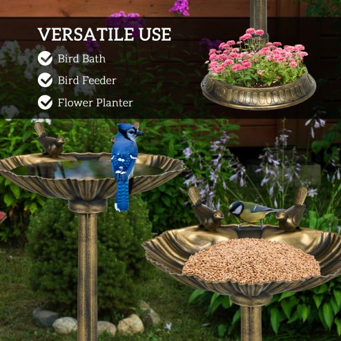 Outsunny 81cm Tall Bird Bath with 2 Decorative Birds, Vintage Style Birdbath with Flower Planter Base, Bird Bath Bowl for Garden, Bronze Tone