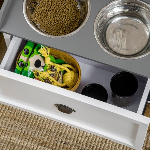 PawHut Stainless Steel Raised Dog Bowls, Double Dog Food and Water Bowl w/ 21L Storage Drawer, for Large Dogs - White