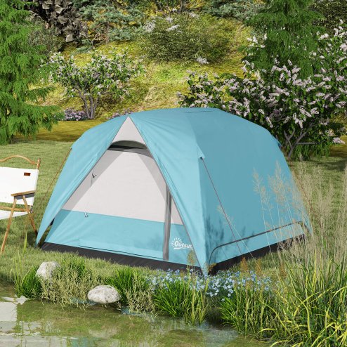 Outsunny 3-4 Person Camping Tent, Easy Set Up Waterproof Dome Tent with Sewn-in Groundsheet, Mesh Windows, Pocket and Hook for Camping, Hiking, Backpacking, Navy Blue and Light Blue
