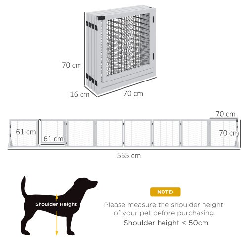 PawHut Freestanding Pet Gate, 8 Panels Dog Playpen, Foldable Dog Barrier with 2 Pcs Support Feet, for House, Doorway, Stairs, Small and Medium Dogs - White