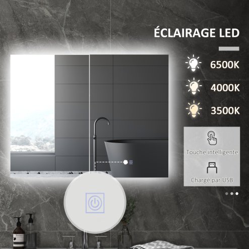 kleankin LED Lighted Bathroom Mirror Cabinet, Wall Mounted Bathroom Storage Cupboard with Adjustable Shelf, USB Powered, 90W x 15D x 70Hcm, High Gloss White