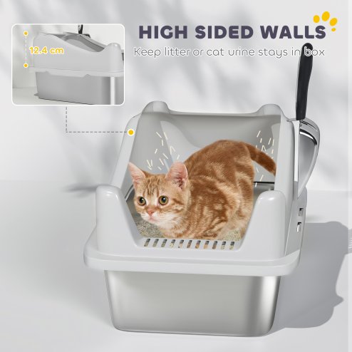 PawHut Cat Litter Tray Stainless Steel, Cat Litter Box High Sided with Metal Litter Scoop, Never Absorbs Odors, Anti Leakage & Easy to Clean, 43 x 33 x 25 cm, Grey
