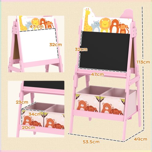 AIYAPLAY Kids Easel, 2 in1 Easel for Toddlers with Whiteboard, Chalkboard, Storage Boxes, Double Sided Easel, for Ages 3-8 Years, Pink