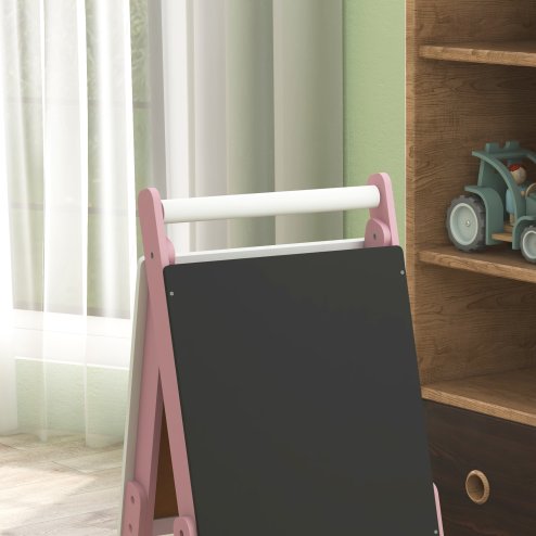 AIYAPLAY Kids Easel with Paper Roll 3 in 1 Art Easel for Toddlers Height Adjustable Double-Sided Kids Whiteboard Blackboard for Ages 3-6 Years - Pink