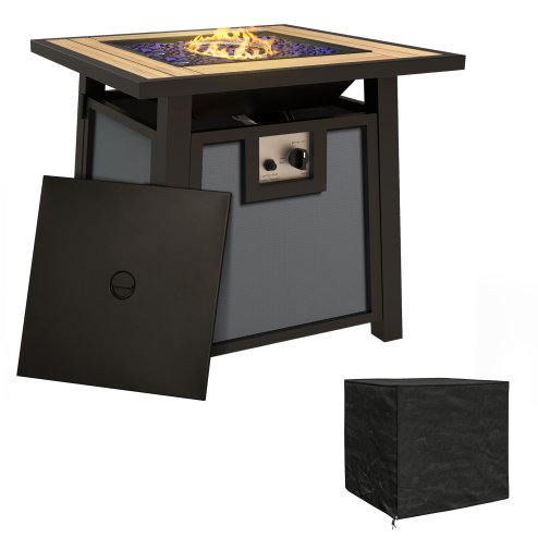 Outsunny Propane Gas Fire Pit Table, 50000 BTU Smokeless Firepit Outdoor Patio Heater with Waterproof Cover, Glass Beads and Lid, 71 x 71 x 66.5cm, Dark Grey