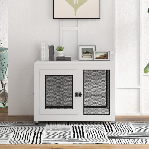 PawHut Dog Crate Furniture End Table w/ Soft Washable Cushion, Two Doors, Indoor Pet Kennel for Small Medium Large Dogs w/ Wire Mesh, White