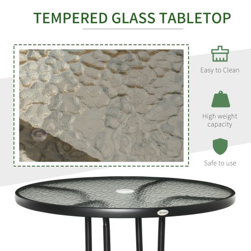 Outsunny 80 cm Round Dining Table with Parasol Hole, Outdoor Coffee End Side Table with Tempered Glass Top, Steel Frame for Garden, Black