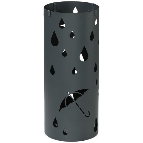 HOMCOM Steel Umbrella Stand, Round Umbrella Holder with 4 Hooks and Removable Drip Tray, Hollowed Umbrella Basket for Hallway, Dark Grey