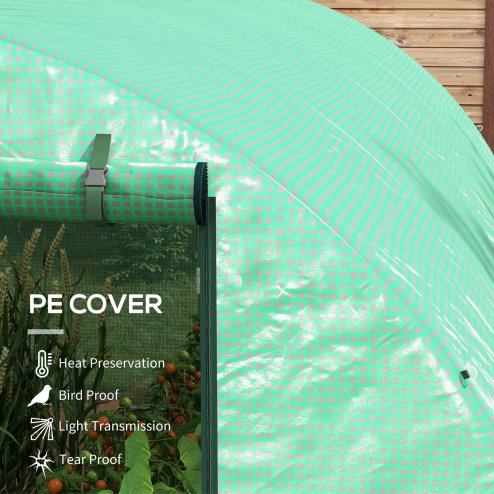 Outsunny 4 x 3(m) Polytunnel Greenhouse with Sprinkler Irrigation System, Walk-in Green House for Garden with Wide Roll-up Door, 8 Mesh Windows, Galvanised Steel Frame, Green