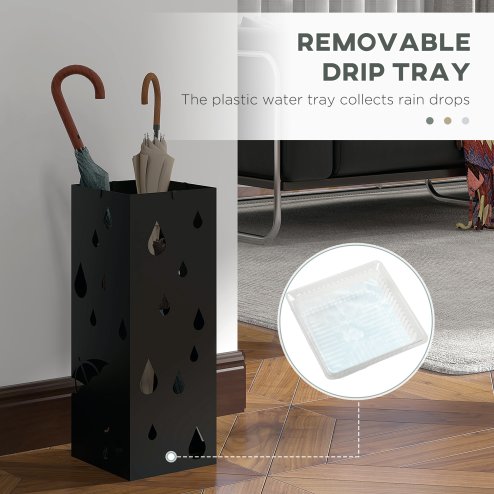 HOMCOM Steel Umbrella Stand, Square Umbrella Holder with 4 Hooks and Removable Drip Tray, Hollowed Umbrella Basket for Hallway