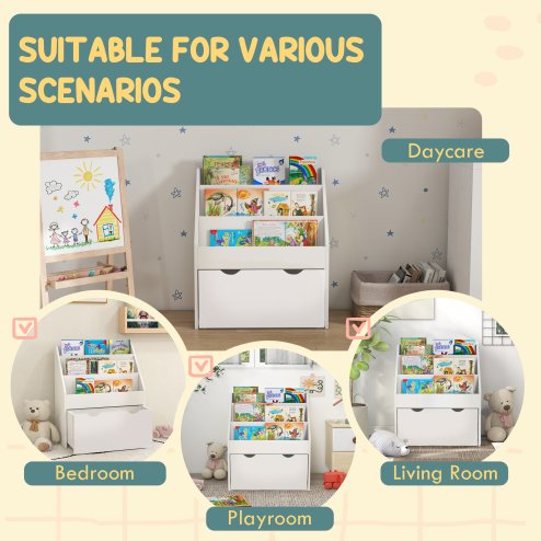 AIYAPLAY Kids Bookshelf, Bookcase Toy Storage Organizer with 3 Tier Shelves, Drawer, for Bedroom, Nursery, Playroom, Classroom, White