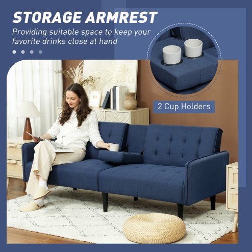 HOMCOM Click Clack Sofa Bed, Linen-Feel Fabric 3 Seater Sofa for Living Room/Spare Room/Guest Room, Bed Settee with Cup Holders