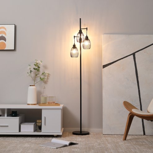 HOMCOM 3-Light Floor Lamp, 170cm Industrial Dimmable Standing Lamp with Steel Wire Cage Lampshades for Living Room, Bedroom, Dining Room, Study, Black