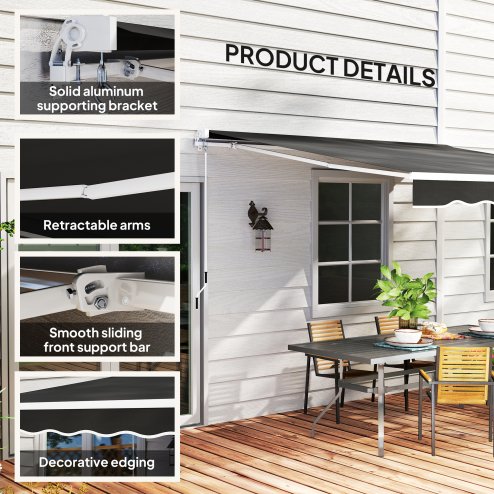 Outsunny 2.5m x 2m Retractable Awning, DIY Garden Awning Canopy, Anti-UV Sun Shade Shelter with Aluminium Frame and Crank Handle, Black