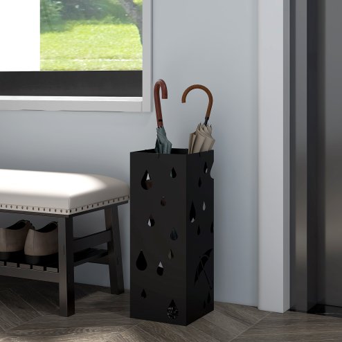 HOMCOM Steel Umbrella Stand, Square Umbrella Holder with 4 Hooks and Removable Drip Tray, Hollowed Umbrella Basket for Hallway