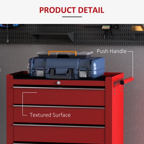 HOMCOM 5 Drawer Tool Box, Lockable Steel Tool Chest on Wheels, Rolling Chest Cabinet with 5 Drawers and Handle for Workshop, Garage, Red