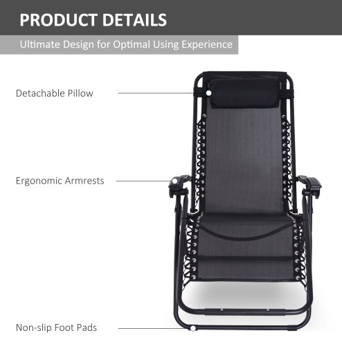 Outsunny Zero Gravity Chair Metal Frame Texteline Armchair Outdoor Folding and Reclining Sun Lounger with Head Pillow for Patio Decking Gardens Camping, Black