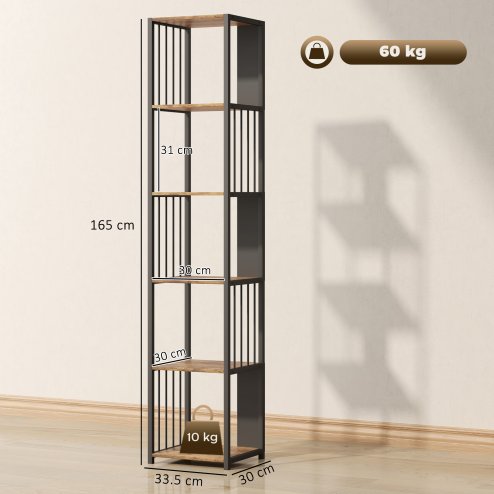 HOMCOM 5-Tier Bookshelf, Modern Tall Bookcase with Steel Frame, Freestanding Display Storage Unit for Living Room, Bedroom, Study, Home Office, Rustic Brown