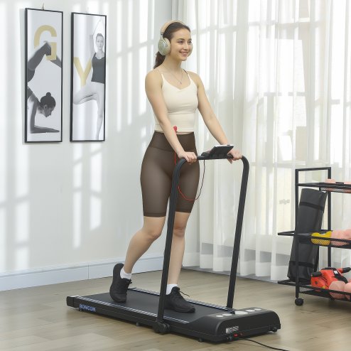 HOMCOM Walking Pad Treadmill, Folding Treadmill for Home, 1-8km/h Under Desk Running Machine with Low Noise 1.5HP, LED Display, Wheels and Remote Control, for Gym Office Fitness Training, Blue