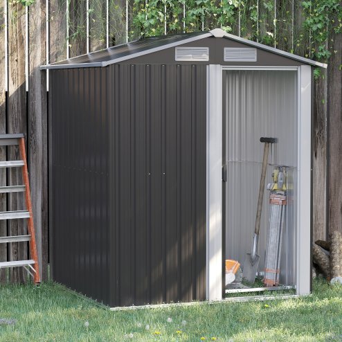 Outsunny 5ft x 4ft Garden Shed, Metal Tool Storage Shed with Sliding Door, Sloped Roof and Foundation Kit for Garden, Patio, Lawn, Grey