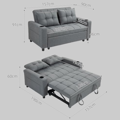 HOMCOM 2 Seater Sofa Bed, Convertible Pull Out Sofa Bed with Adjustable Backrest, Cup Holders and Pillows, Click Clack Settee for Living Room, Bedroom, Guest Room