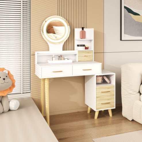 HOMCOM Dressing Table with Mirror, Vanity Table with Adjustable LED Lights, Makeup Desk with 5 Drawers and 5 Shelves, White