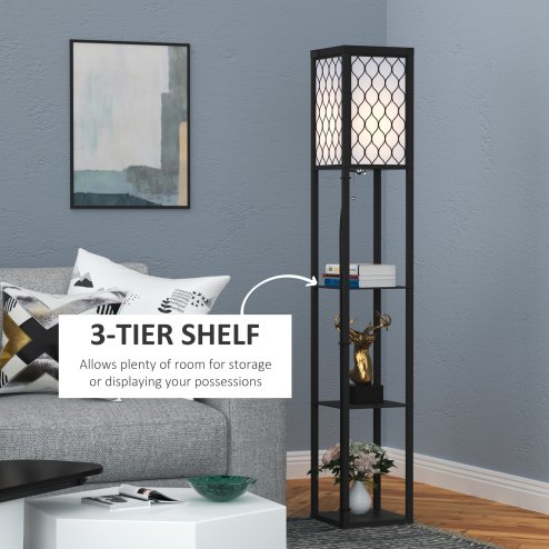 HOMCOM Modern Shelf Floor Lamp Light with Three Open Shelves Large Storage Display, for Living Room, 160cm, Bulb not Included, Black