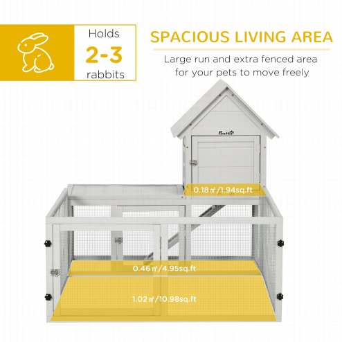 PawHut Wooden Rabbit Hutch with Run Large Guinea Pig Cage, Small Animal House for Indoor with Tray, 151.5 x 106 x 97cm, Light Grey