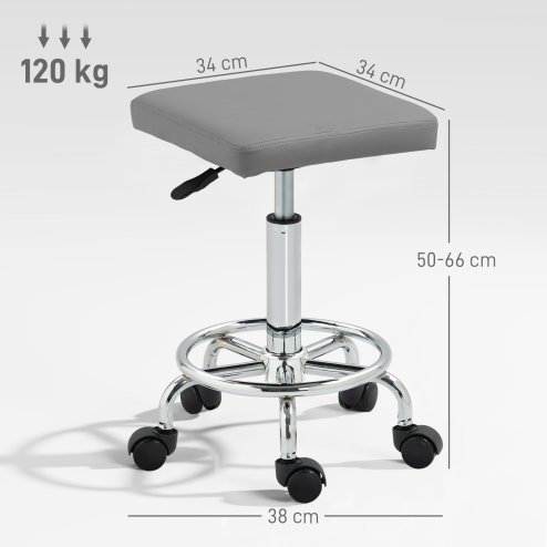 HOMCOM Square Rolling Stool, Height Adjustable PU Leather Salon Chair with Padded Seat and Foot Rest, Swivel Beauty Stool on Wheels for Spa Drafting Salon Tattoo Work Massage, Grey