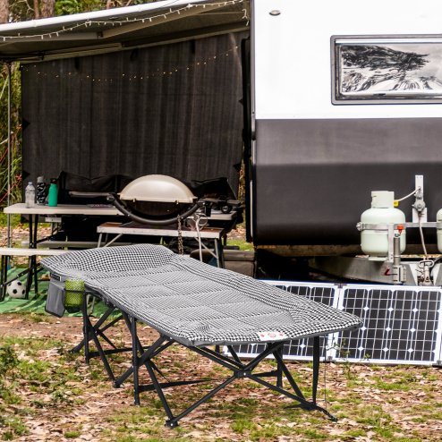 Outsunny Camping Bed for Adults, Single Folding Camp Bed, Padded Portable Camping Cot for Sleeping, with Carry Bag, Side Pocket and Cup Holder for Outdoor, Travel, Fishing, Black