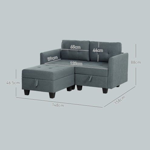 HOMCOM Convertible Modular Sectional Sofa with Storage, Tufted 2 Seater Sofa Set, L Shaped Couch with Ottoman, Wood Frame for Living Room