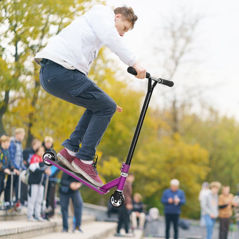 HOMCOM Stunt Scooter, 360 Entry Level Tricks Scooter w/ Lightweight Aluminium Deck and ABEC 7 Bearing, For Age 14+ Beginners, Purple