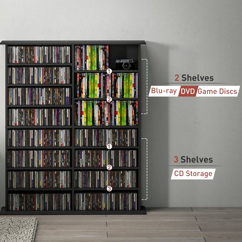 HOMCOM 720 CD/396 DVD Storage Unit, 396 Blu-ray Media Storage Shelf with 16 Compartments and 12 Adjustable Shelves, CD Tower for Living Room, Bedroom, Office