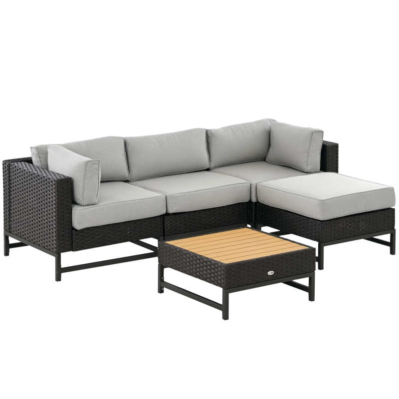 Outsunny 5 Piece Outdoor PE Rattan Corner Sofa Set with Cushions, Wicker Rattan Garden Furniture  with Wood-Effect Top Table, Brown