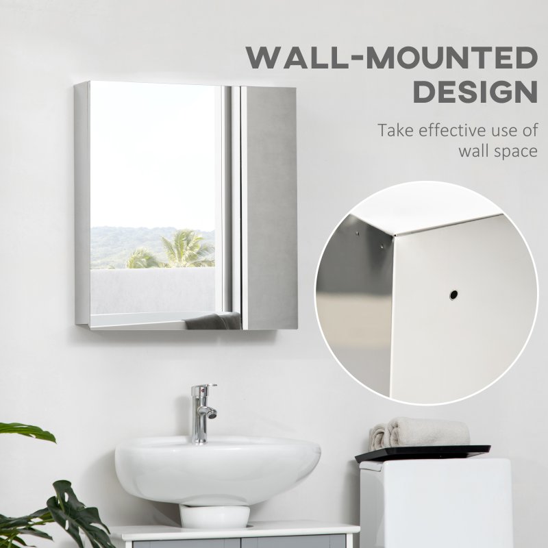 kleankin Bathroom Mirror Cabinet, Stainless Steel Wall-Mounted Bathroom Storage Cabinet with 2 Hinged Doors and Shelves for Laundry Room, 54W x 60Hcm, Silver