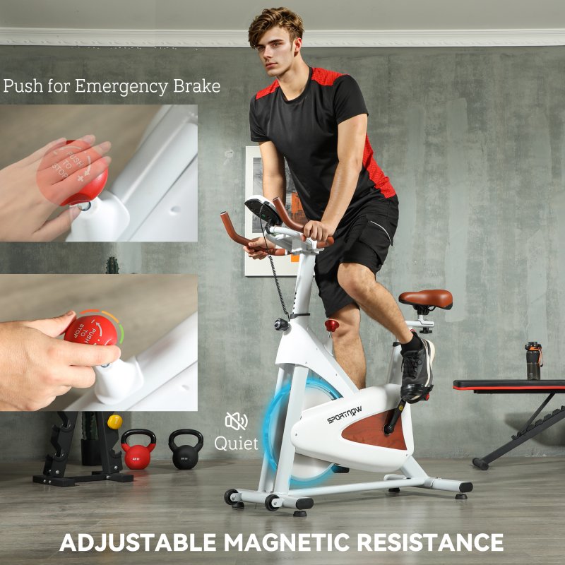 SPORTNOW Indoor Exercise Biker, Quiet Stationary Bike, Stylish Cycling Machine with Adjustable Seat and Resistance, LCD Monitor, Tablet Holder, for Home Gym Cardio Workout, White