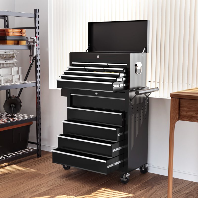 HOMCOM 2 in 1 Rolling Tool Cabinet on Wheels with 14 Drawers, Pegboard and Side Rack, Lockable Top Tool Chest and Roller Cabinet Combo for Workshop and Home, Black