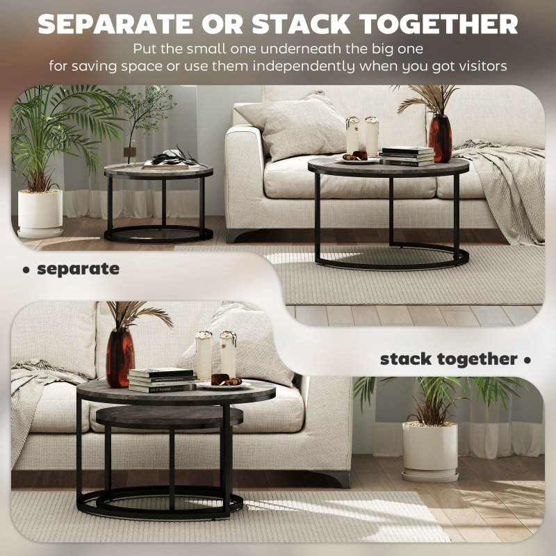 HOMCOM Round Nesting Coffee Table Set of 2, Large Stacking End Side Table with Steel Frame for Living Room, Bedroom, Home Office, 78.5 x 78.5 x 46.5 cm, Marble Dark Grey