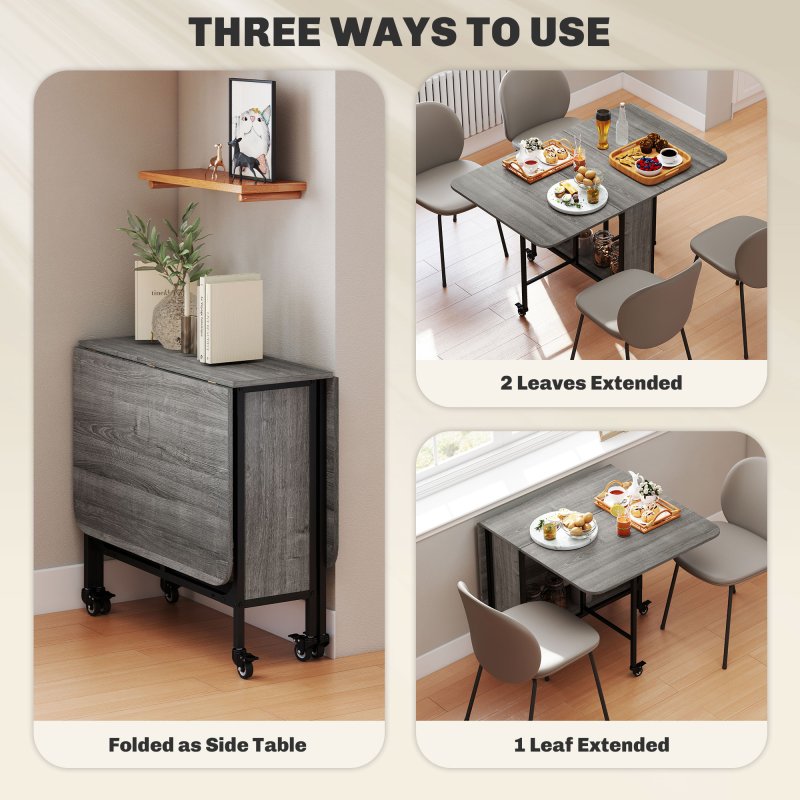 HOMCOM Mobile Drop Leaf Table, Folding Dining Table with 6 Wheels & Storage Shelf for Small Spaces, Kitchen, Dining Room