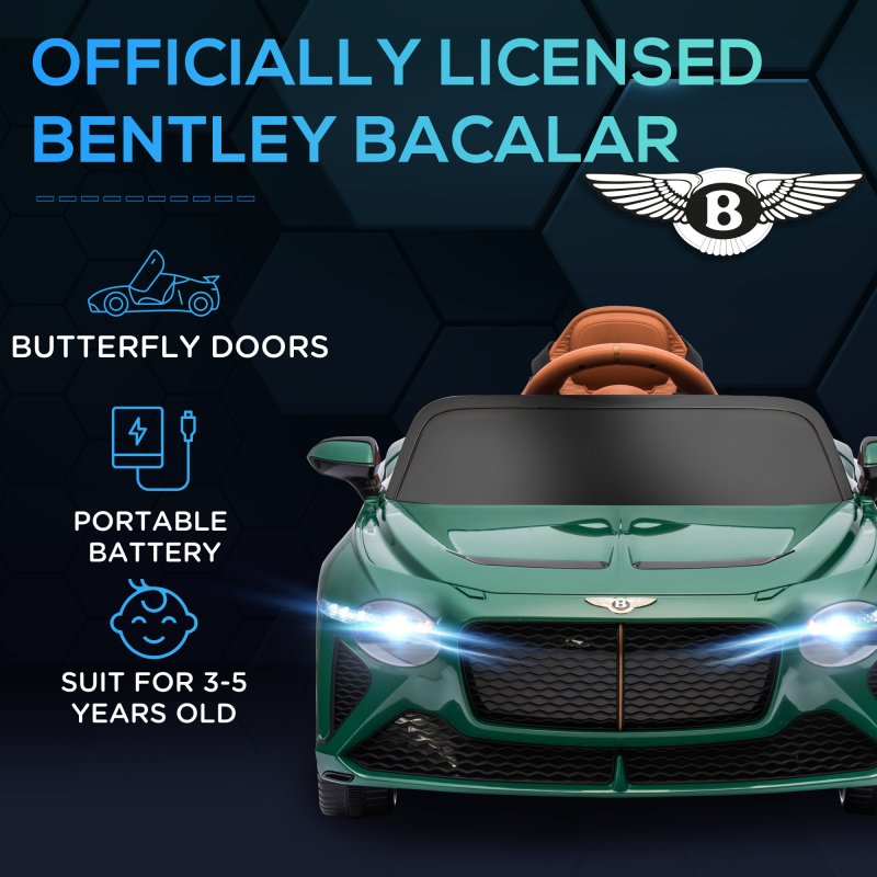 HOMCOM Bentley Bacalar Licensed, 12V Kids' Electric Ride-On with Remote Control, Battery Powered Electric Car for Kids with Suspension Wheels, Horn, Lights, for Ages 3-5 Years - Green