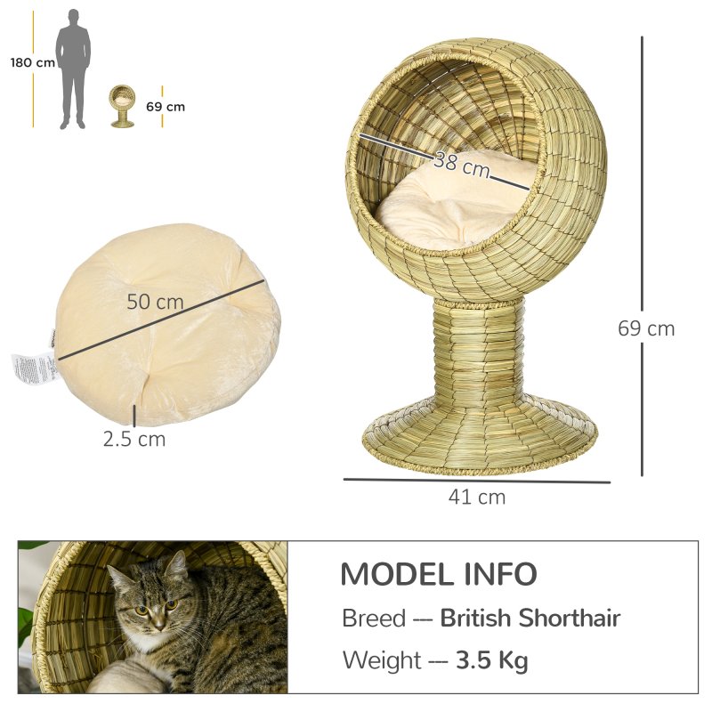 PawHut Raised Cat House, Natural Mat Grass Cat Bed, Kitten Cave with Cushion, Detachable Top, Yellow, 41x 69 cm