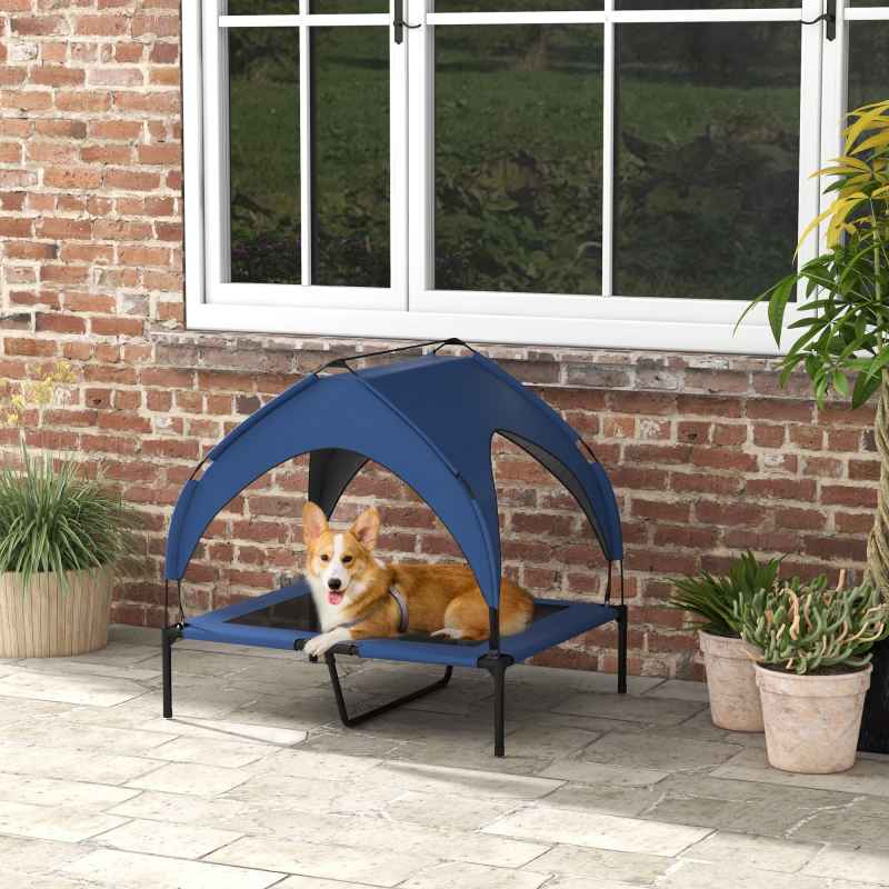 PawHut Cooling Raised Dog Bed, Elevated Pet Bed with Breathable Mesh, UV Protection Canopy, Foot Pads, for Indoor Outdoor, Medium, Large Dogs, 91 x 76 x 89cm - Dark Blue
