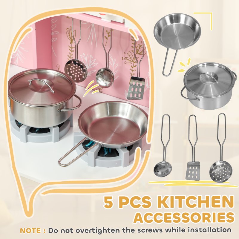 AIYAPLAY Toy Kitchen, Pretend Role Play Kitchen, Kids Kitchen Set with Lights and Sounds, Double Stoves, Ice Maker, Chalkboard, Microwave, Oven, Sink, 5 Accessories, for 3+ Years, Pink