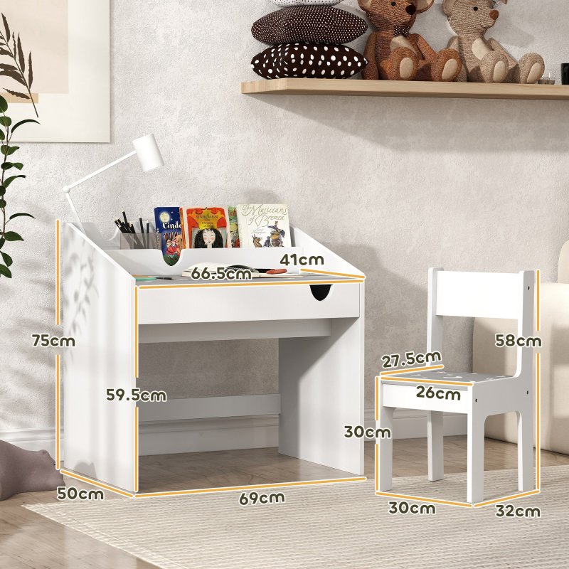 AIYAPLAY Kids Desk and Chair Set, Children Study Table and Chair with Storage, Pull-Out Drawer, Star and Moon Pattern, for Bedroom, Playroom, Nursery, for Ages 3-6 Years, Grey