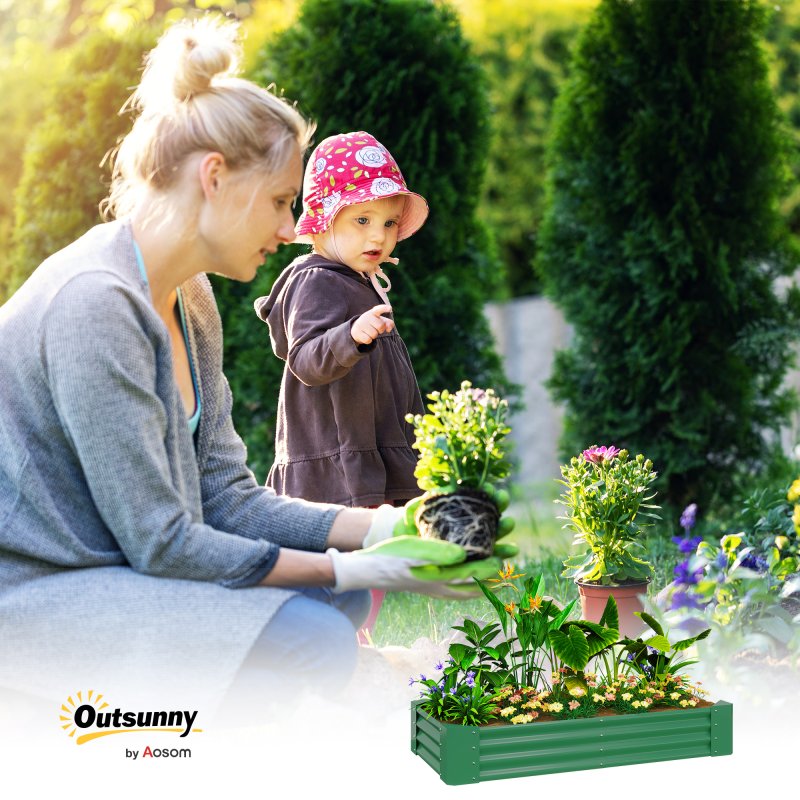 Outsunny Galvanised Raised Garden Bed, 180 x 90 x 30cm Raised Bed with Reinforcing Bars, Outdoor Raised Planter with Open Bottom for Vegetables, Flowers, Herbs, Green