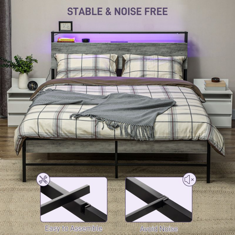 HOMCOM 5ft King Size Bed Frame with LED Lights and Charging Station, Platform Bed Frame with Storage Headboard, Steel Slat Support, No Box Spring Needed, Easy Assembly, Cement Grey