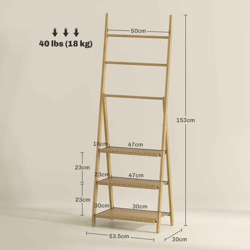 HOMCOM Folding Bathroom Storage Shelves, 3-Tier A-Frame Bamboo Storage Shelving Unit with Towel Bars, Freestanding Shelves Rack Organiser for Living Room, Natural